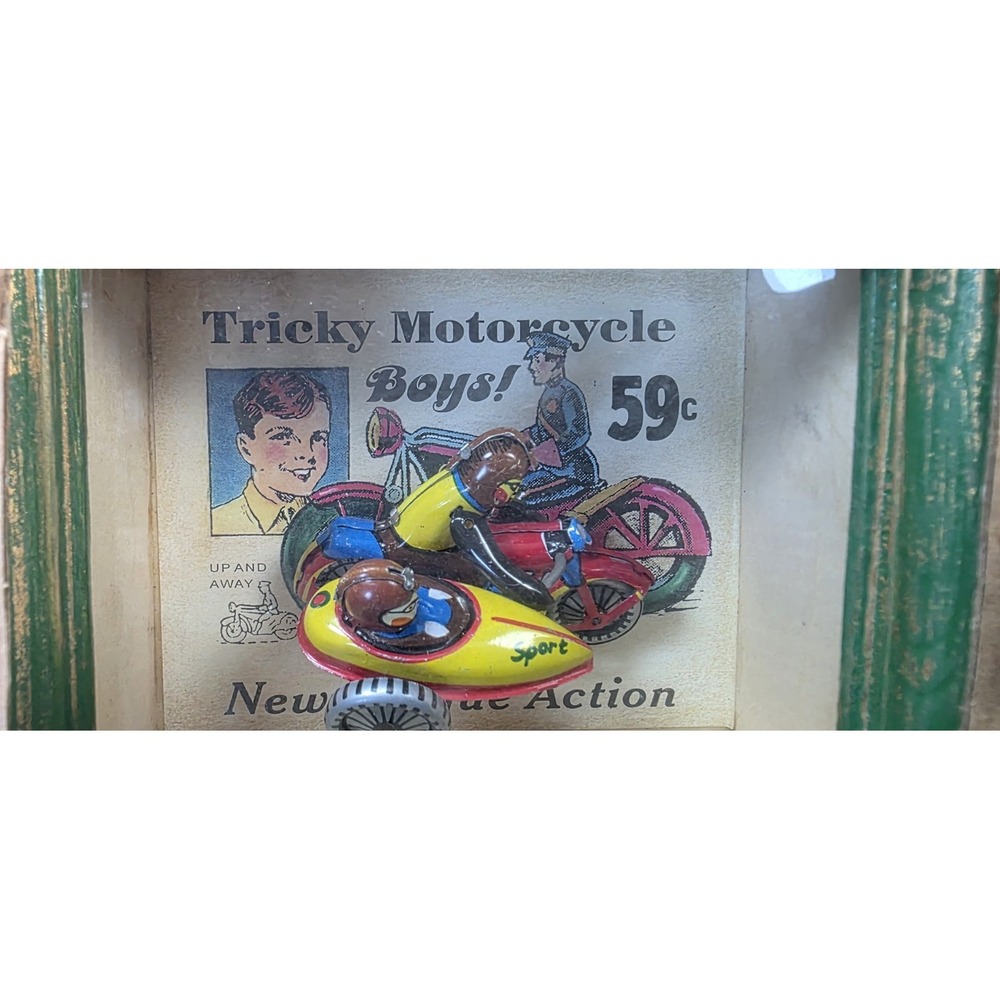 Vintage Toys In The Cupboard Vandor Tricky Motorcycle Tin Litho Shadow Box Art - Picture 2 of 3